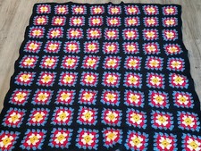Handmade Granny Square Afghan Throw Blanket Black Trim 48"x56 Vintage
