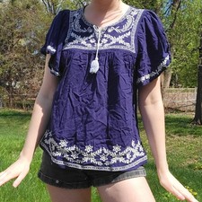 navy embroidered flutter sleeve babydoll top