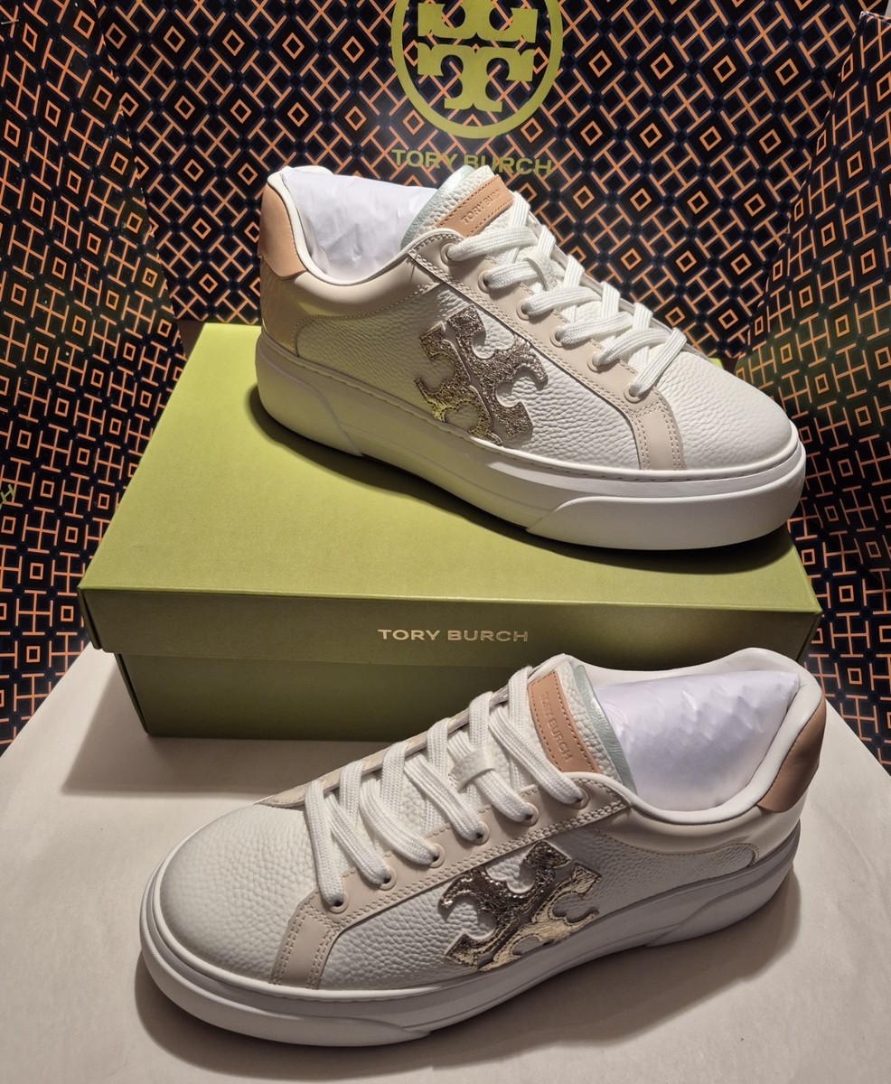 TORY BURCH PLATFORM SNEAKERS IN PURITY/WHITE GOLD/MINT DROP;SZ 10M