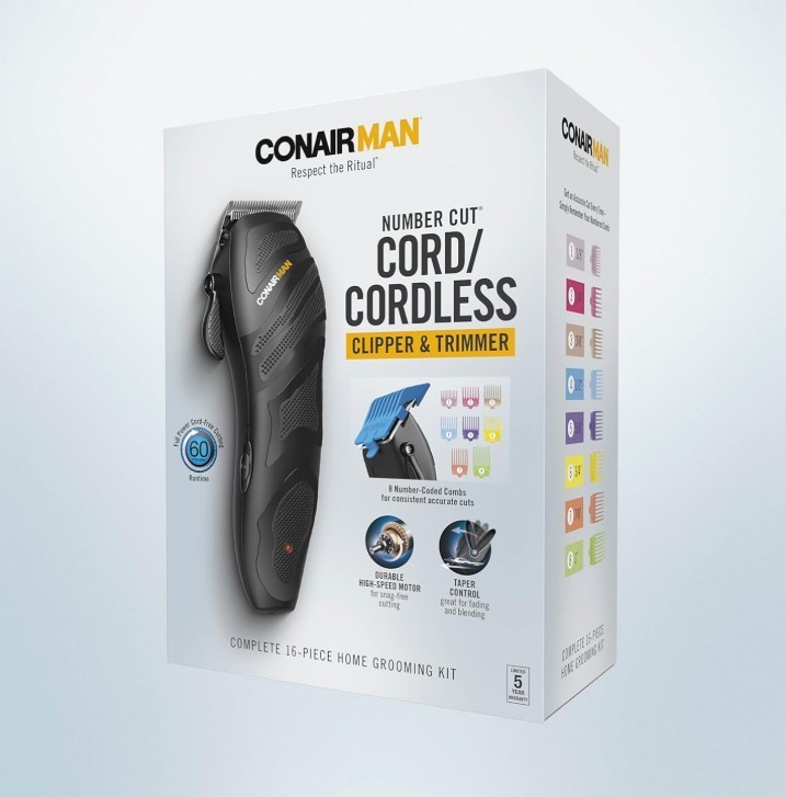 NEW ConairMan Number Cut Cord/Cordless Clipper&Trimmer 16Pc 