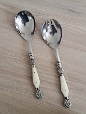 Vintage Style Salad Servers Set – Ornate Silver-Tone & Cream Ivory Handle – 2pc