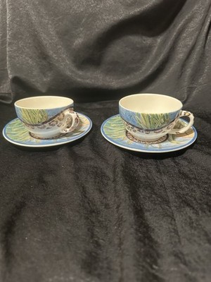 2 Faiencerie de Gien France SAVANE Flat Cups and Saucers  in the Savanne Pattern