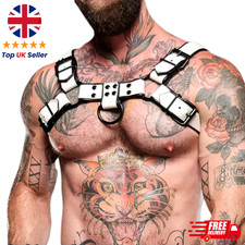 Men’s Vegan Leather Harness White & Black Bondage Chest Harness Pride, Clubbing