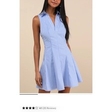 Lulus Zenley Blue White Striped Collared Skater Mini Dress Pleated Medium 2623