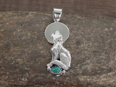 Native American Sterling Silver Turquoise Wolf Pendant by Yellowhair