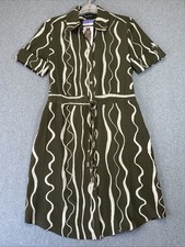 Halston Women's Cinched Mini Shirtdress Sage Wave Print Sz XS Short Sleeve
