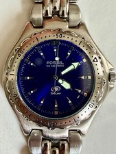 Fossil Blue AM-3067 Men's Stainless Steel Watch Blue Dial New Battery Runs Great