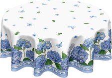 60" Round Tablecloth - Blue Hydrangea Floral Butterfly - Rustic Farmhouse Decor