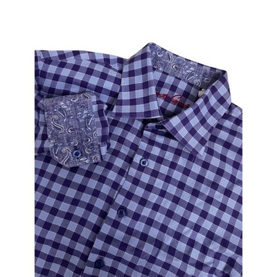 Robert Graham Boys Gingham Button Down Shirt Blue Purple Paisley Trim  14-16 L