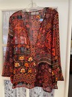 Chicos Top Women 0 Tunic Orange Multi Batik Silk Plunging V Neck Side Slits NWOT