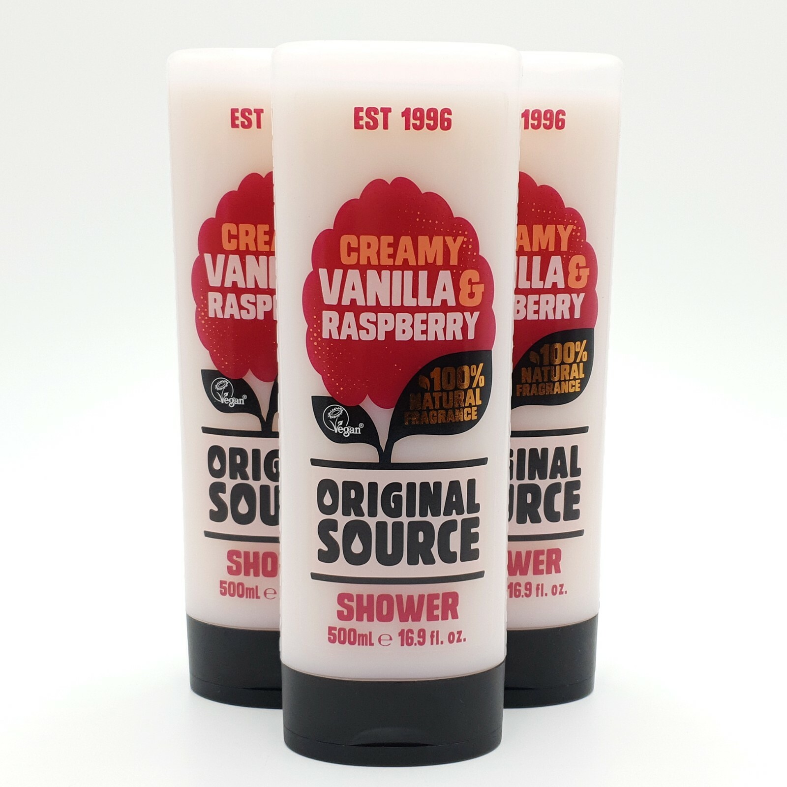 ORIGINAL SOURCE CREAMY VANILLA & RASPBERRY SHOWER GEL BIG 500ML BOTTLE 3 PACK
