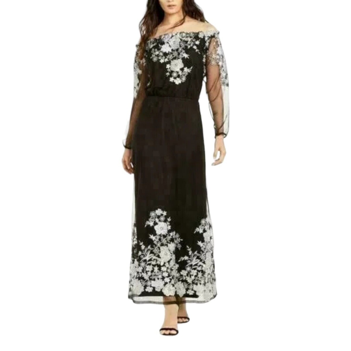 INC Maxi Dress Black Floral Embroidered Off Shoulder Long Sleeve Womens 2  $120 | eBay