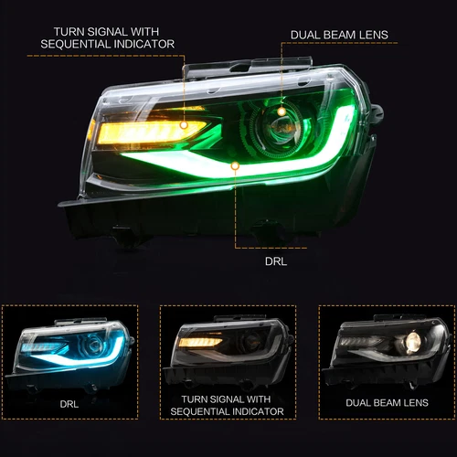 RGB LED Headlights For 2014-15 Chevrolet Camaro Sequential Dual Beam Front Lamps - Bild 5 von 12