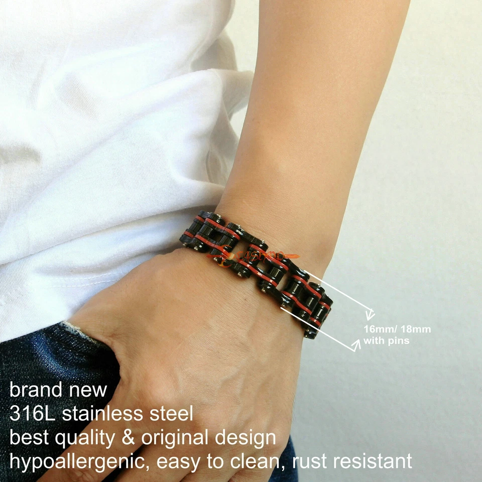 Brazalete de cadena de bicicleta de acero inoxidable pesado para hombre motocicleta motociclista 18 mm negro/rojo Foto 2 de 4