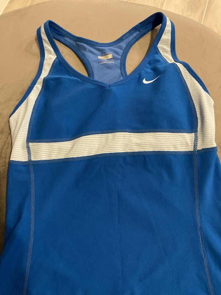 Camiseta sin mangas Nike para mujer azul/blanco calce seco atlético carrera espalda ropa deportiva talla S 4-6 Foto 2 de 4