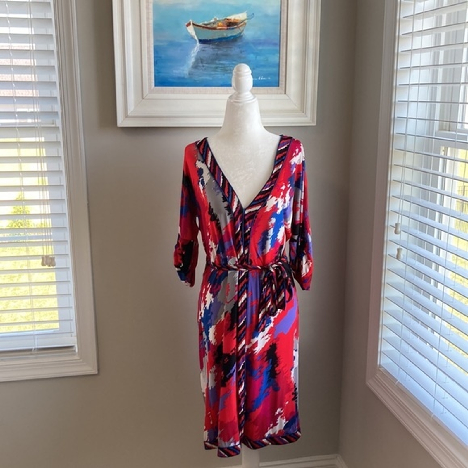 BCBGMAXAZRIA Long sleeve Red Splatter Sheath Midi Dress Size Medium