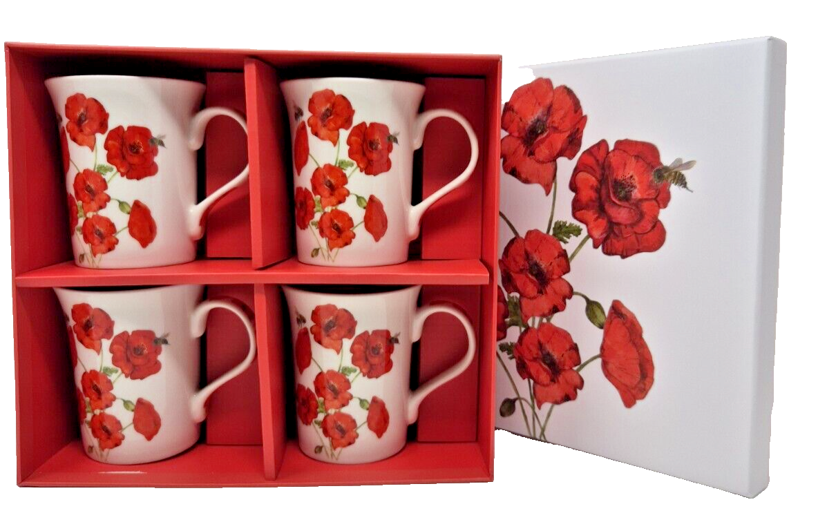 Poppy Mug Set  4 China Mugs In Gift Box Poppies Tea or Coffee Cups Leonardo