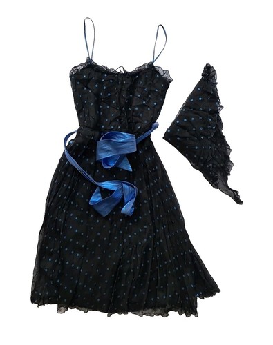 Vintage Capriccio by Roter schwarz/blau gepunktetes A-Linien-Kleid mit Gürtel. Größe UK 14.