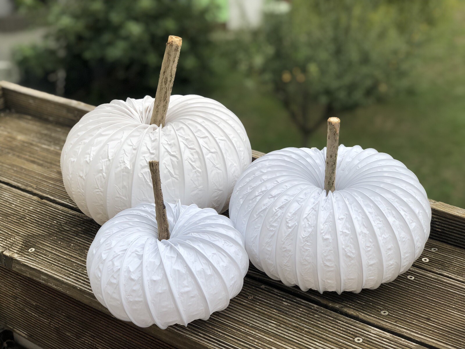 Leuchtender MaxiKürbis in weiß mit Lichterkette, Leuchtkürbis, Herbst