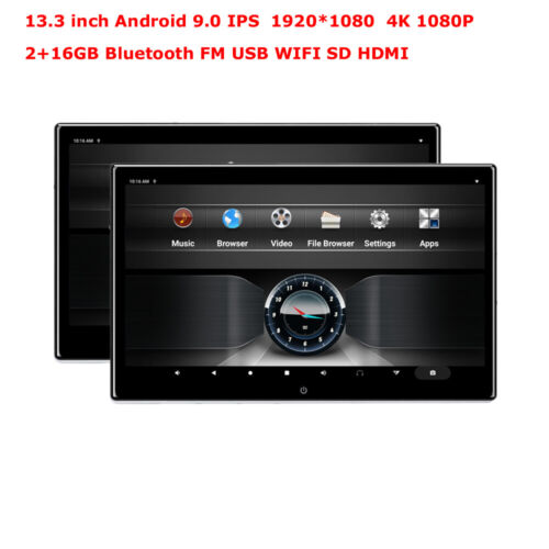 2Pcs 13.3"Android 9.0 Car Headrest Monitor Screen WIFI Bluetooth HDMI USB FM TF - Picture 1 of 9