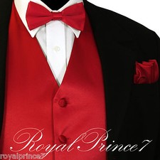 FIRE RED Tuxedo Suit Vest Waistcoat and STRAIGHT CUT Bow tie Hanky Set Wedding