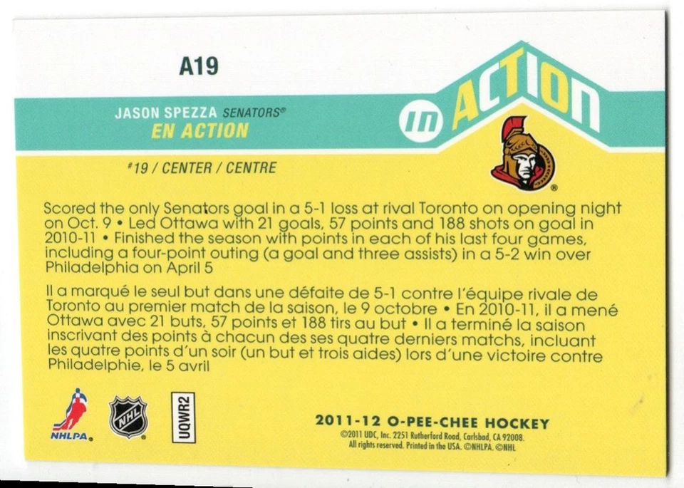 2011-12 O-Pee-Chee In Action Jason Spezza #A19 Ottawa Senators - Image 2 of 2