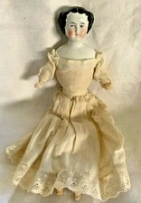 1860 1870 Porcelain Head Doll Cloth Body Black Hair Blue Eye Beauty Antique Pink