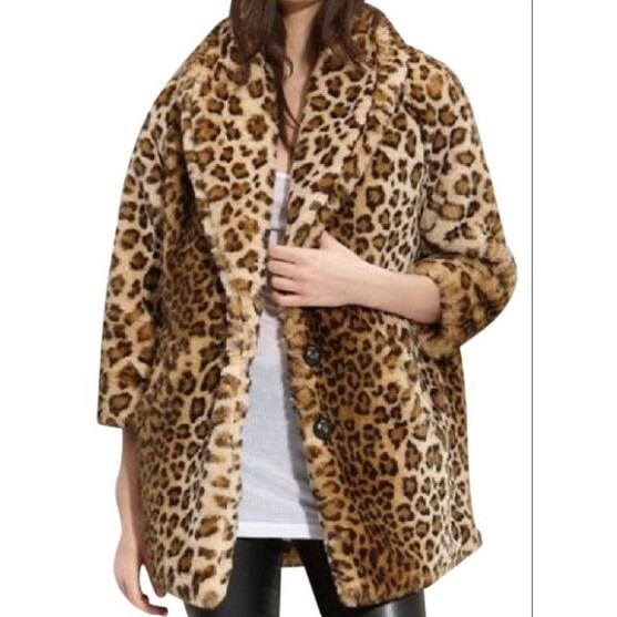 Hinge Leopard Print Faux Fur Jacket Coat with Buttons and Pockets