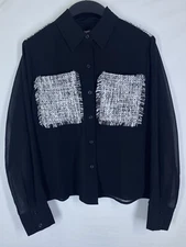 Karl Lagerfeld Blouse Women XXS 2XS Black Lace Mesh Long Sleeve Button Up Paris