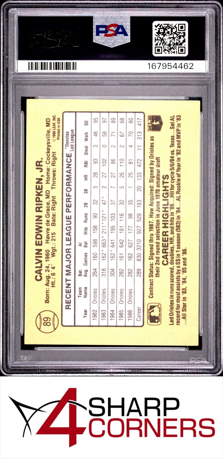 1987 DONRUSS #89 CAL RIPKEN JR. ORIOLES HOF PSA 10 view 2