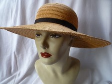 Vintage Golden Wheatstraw Wide Brimmed Summer Hat with Black Hatband 56cms