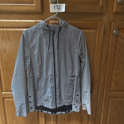 Calvin Klein Womens Performance Grey Reflective Hooded Rain Jacket Sz Sm