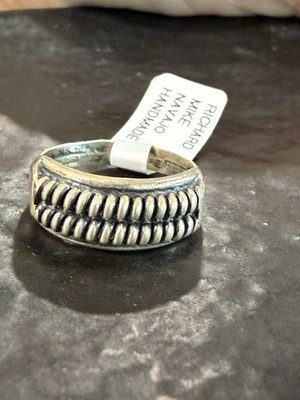 Navajo Sterling silver Beaded Raindrop Band Ring By Richard Mike - Size 7.5