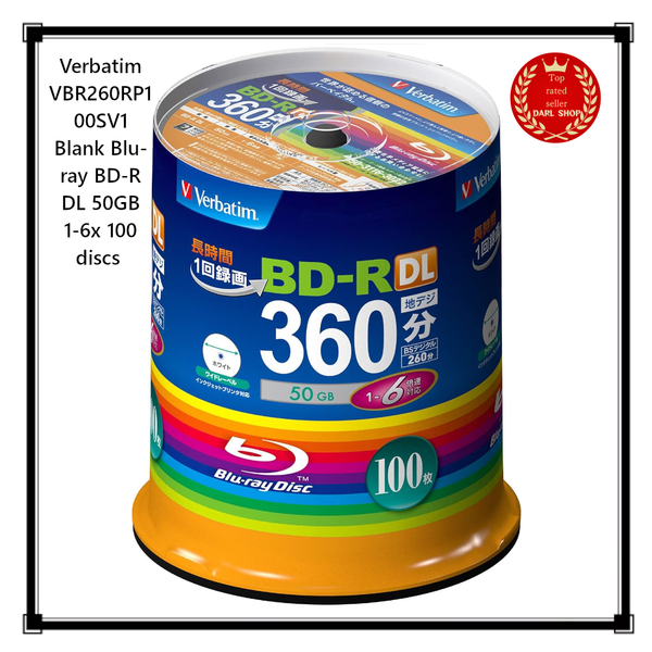 Verbatim VBR260RP100SV1 Rohling Blu-Ray BD-R Dl 50GB 1-6X 100 Discs Neu Japan-image