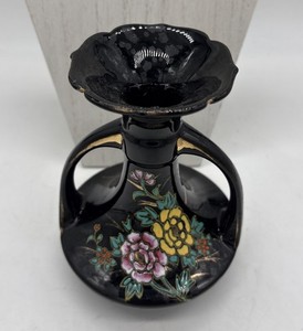 Japanese Black Vase Chinoiserie Shoten Mid Century Enamel Floral Pottery