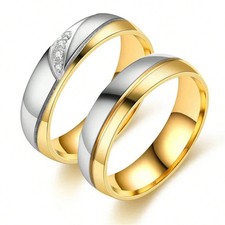 Couple Wedding Band Rings Stainless Steel Simulated Zirconia Prong Set 2PCS