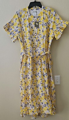 New Lucky Jade Women's Long Dress Yellow Limon's Print Size Medium 100% Cotton