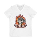 Flaming Skull Ride V-Neck Tee Fire Biker Unisex Made in USA