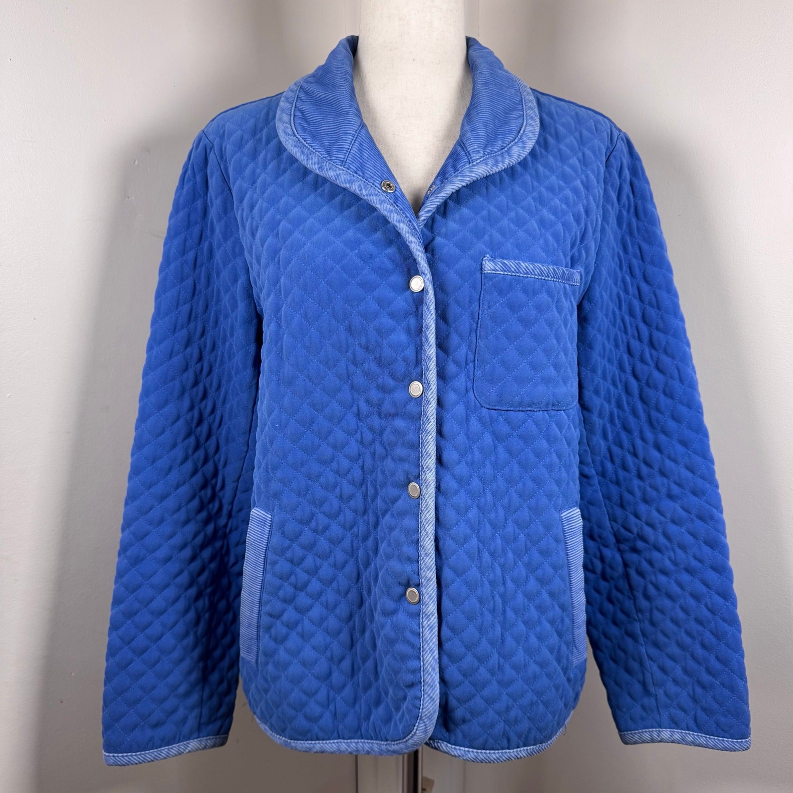 Talbots Jacket Womens Sz M Quilted Snaps Corduroy Trim Barn Stretch Pockets Blue