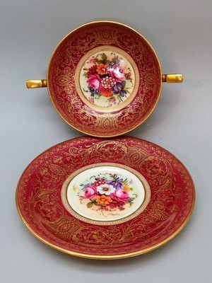 Red Royal Worcester Ovington Bouillon Cup & Saucer Hand Painted by Barker 2437 E