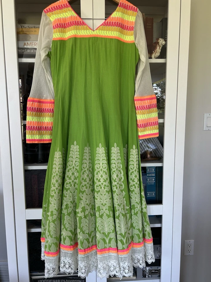 Ethnic Shagufta Pakistani Indian Party Dress Fancy Colorful Green Pink Cotton - Image 4 of 4