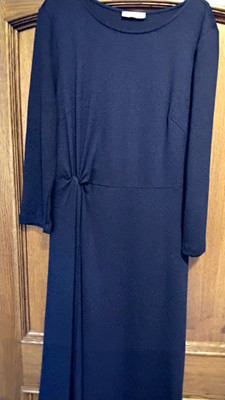 lovely Damen Midi Kleid A-Linie blau unifarben Langarm Rundhals Knoten Gr 42