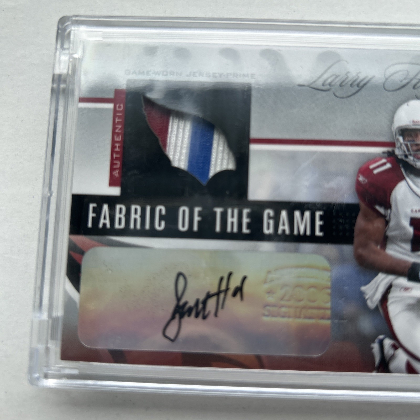 2006 Leaf Certified Fabric of the Game AUTO Larry Fitzgerald #d 3/5 HOF 3-color  view 6