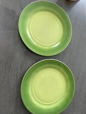Vintage MCM hazel Atlas Green To Yellow 2 Tone 9x9 Dinner Plates (set Of 2)