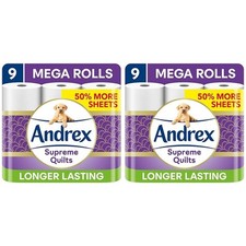 Andrex Supreme Quilts Mega Toilet Roll - 9 Mega Rolls (13.5 Standard), 3-ply,