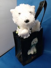 Harrods Vintage Westie Plush Toy Dog, green ribbon In Black Patent Bag, 