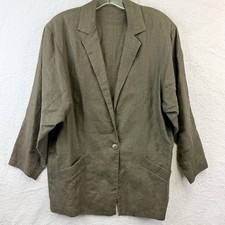 Ann Taylor Blazer Womens 12 Green Linen 3/4 Sleeve One Button Jacket Relaxed Fit
