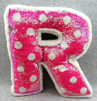 Justice Letter R Plush Pillow Reversible Sequin Pink & Silver Dots Fuzzy 14'' EUC