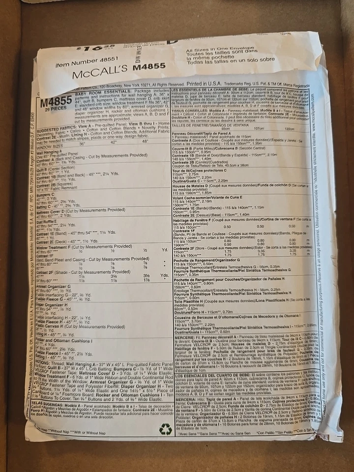 McCALL'S Home Decorating BABY NURSERY ROOM ESSENTIALS Sewing Pattern M4855 UNCUT - Image 2 of 2