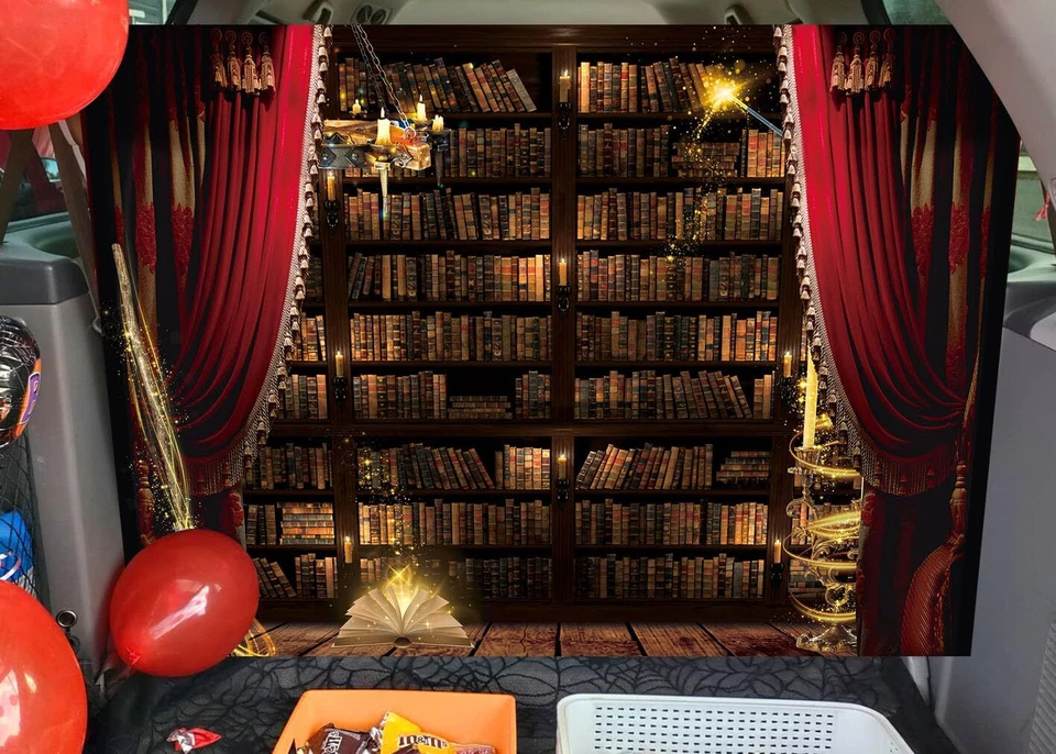 Magic Library Bookshelf backrop Magic Books Wand Broom Curtain Background - Image 4 of 4